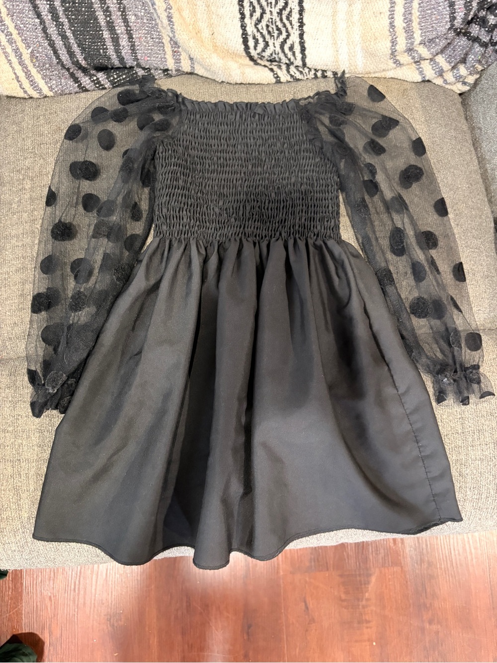 Girls' Black Polka Dot Mesh Sleeve Dress